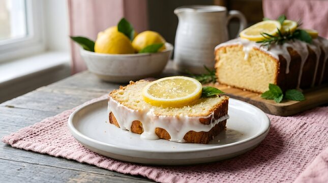 Lemon pound cake with white icing and lemon slices on top