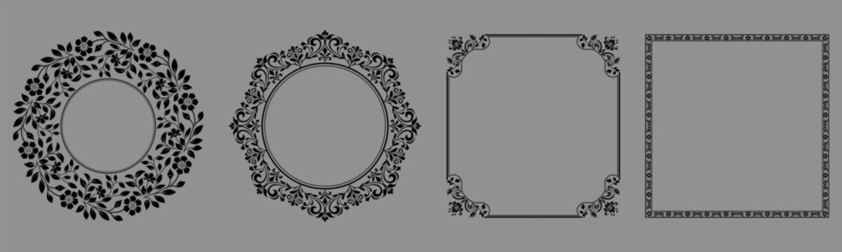 Set of decorative frames Elegant vector element for design in Eastern style, place for text. Floral black and gray frames. Lace illustration for invitations and greeting cards