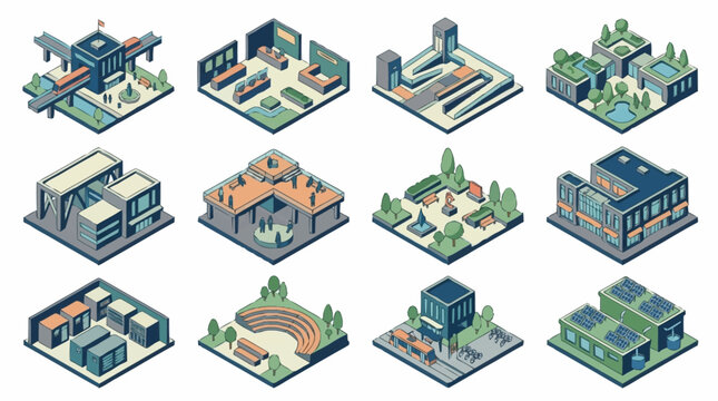 Set of isometric architectural building modules for urban planning and city design projects.