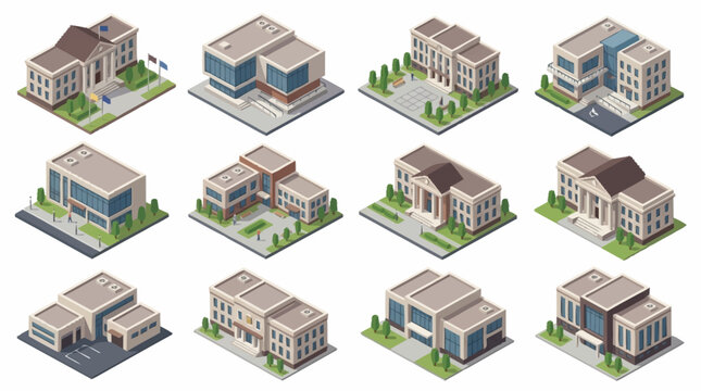 Set of isometric public buildings including schools and municipal offices for city planning.