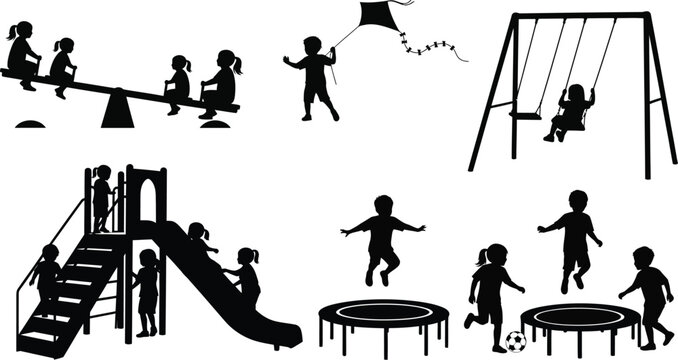 Children playing on playground equipment silhouettes set including swings slide seesaw trampoline and kite flying vector illustration