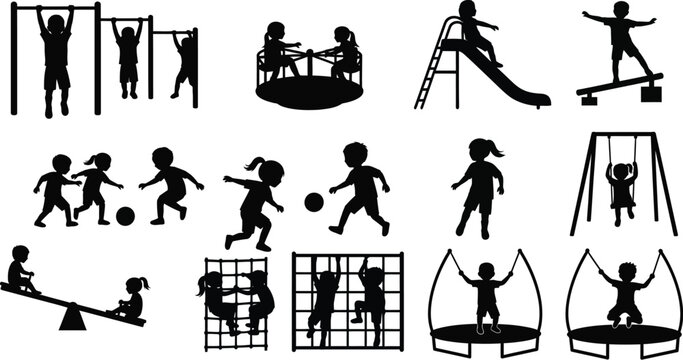 Children playing on playground equipment silhouettes set including swings slides climbing frames and ball games vector illustration