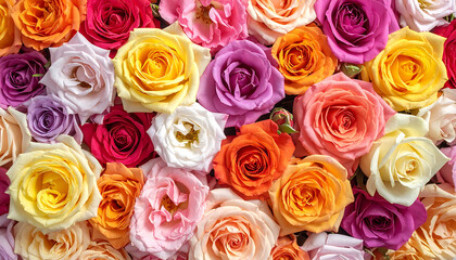 Obraz premium A vibrant tapestry of multicolored roses, blooming in full glory, offering a feeling of joy and celebration, perfect for spring themes and romantic designs