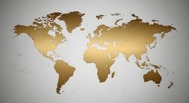 Golden world map on grey background