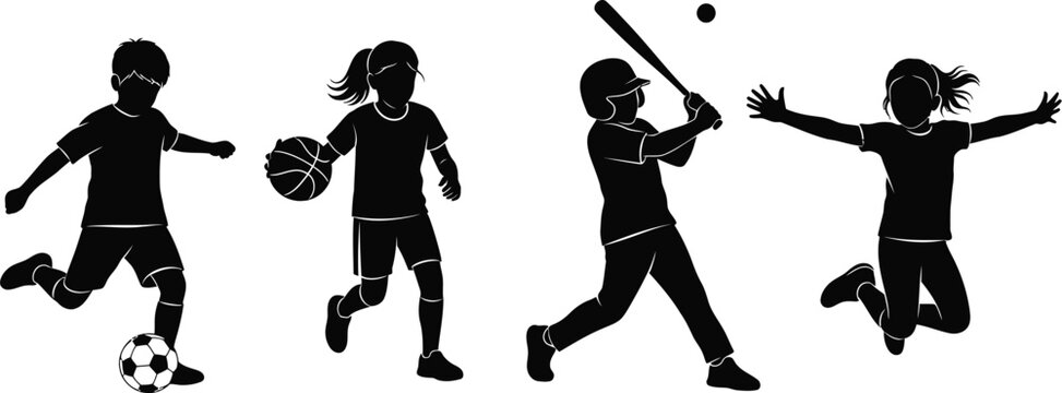 Children playing various sports silhouettes including soccer basketball baseball and jumping isolated on a white background vector
