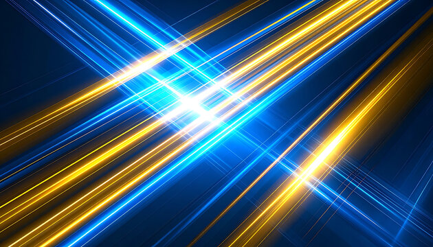 Abstract background of glowing blue and yellow light trails moving fast, representing data streams and digital communication