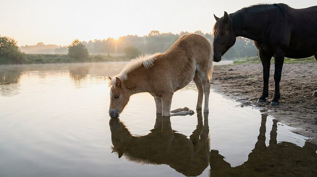 A young foal kneeling in the shallow water of a river at sunrise with its mother standing nearby