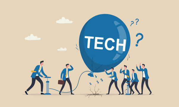 Technology economic and greedy investors concept, businessmen investor take risk by pumping air into ready to burst balloon with the word TECH