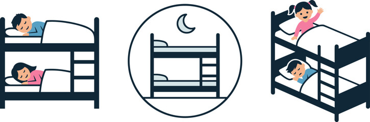 Bunk Bed Icon Set with Cute Cartoon Children Sleeping, Waving Goodnight, and Minimalist Nighttime Moon Circle Emblem Vector Graphic Elements