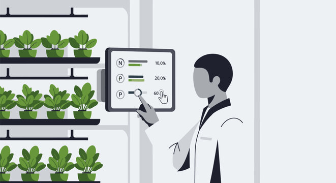 A scientist monitoring automated vertical farming growth conditions using a digital interface.