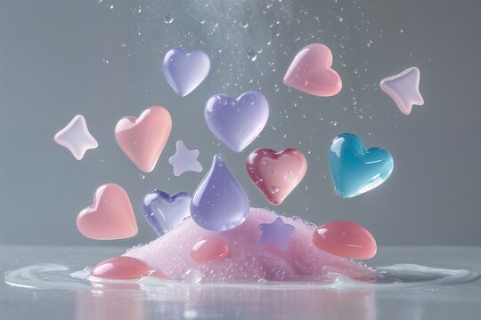 High speed dynamic shot of translucent pastel pink, purple, and blue heart and star shaped jelly candies exploding into the air above a pink sugar pile.