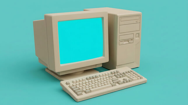 Retro Vintage Desktop Computer With CRT Monitor And Keyboard On Blue Background