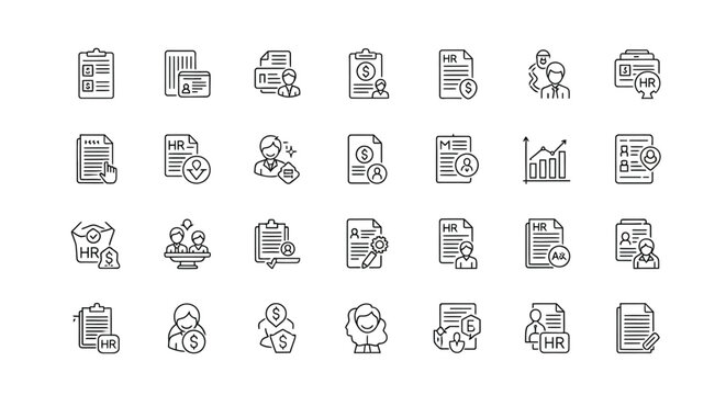 A collection of professional linear icons representing human resources management and recruitment processes displayed as a high quality clean set for modern business project design needs
