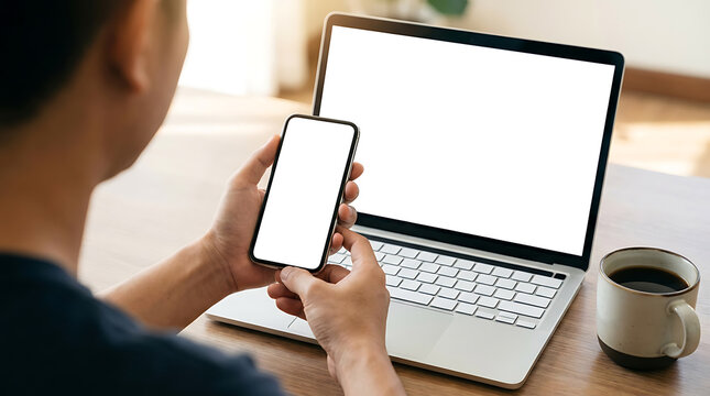 Man Using Smartphone And Laptop Computer With Blank White Screen Mockup For Digital Marketing