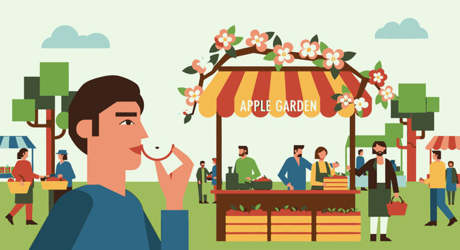 A young man enjoying a fresh apple slice at an outdoor farm market.