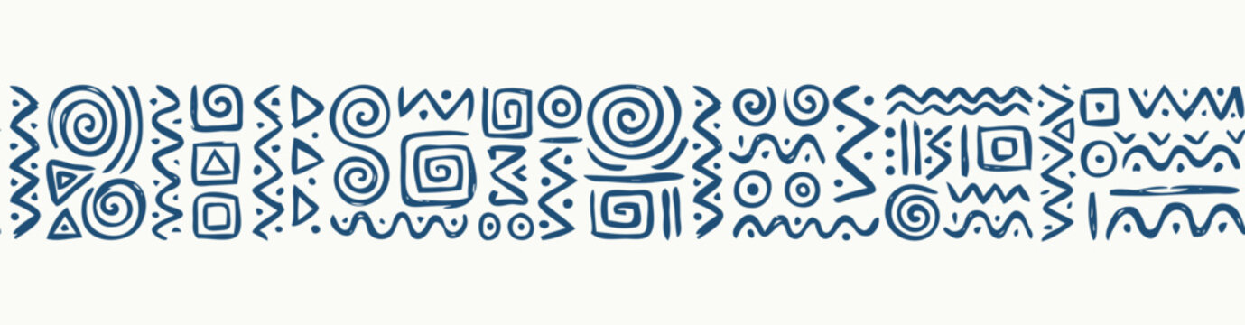 Deep indigo mudcloth tribal symbols seamless border ribbon on off-white. Bogolan folk ink stroke horizontal trim divider for mediterranean style ceramic pottery and summer fabric print.