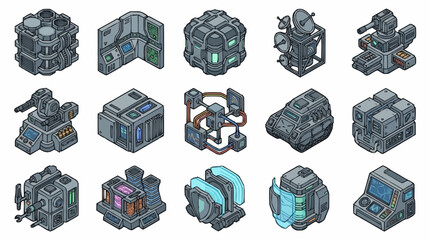 Set of isometric sci-fi military base buildings and futuristic technology assets for game design. © Anyar
