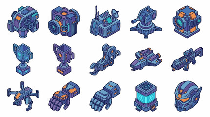 Set of isometric sci-fi game assets featuring futuristic equipment weapons and robotic gear. © Anyar