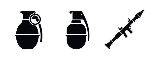 Obraz premium Military Weapons Icons Set. Hand Grenade and RPG Missile Launcher Flat Vector Illustration.