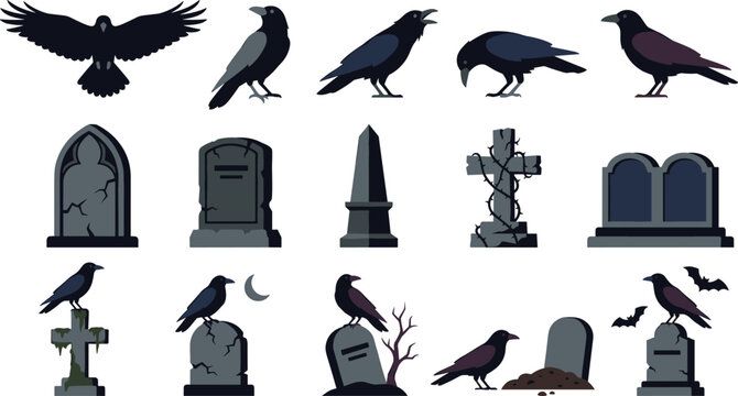 Spooky Raven and Cemetery Tombstone Collection with Gothic Crows Gravestones Crosses and Haunted Halloween Vector Elements