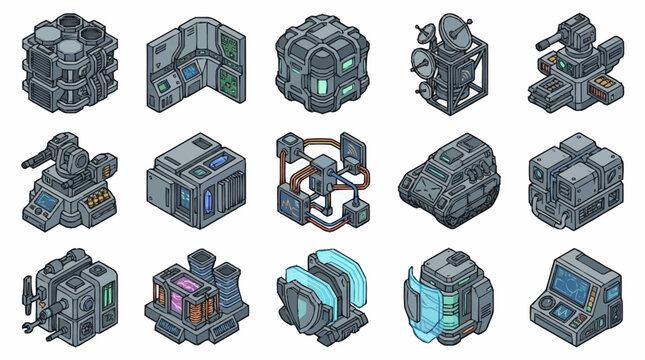 Set of isometric sci-fi military base buildings and futuristic technology assets for game design.