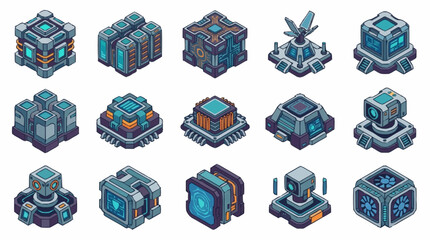Set of isometric futuristic sci-fi buildings and technology structures for game design. © Anyar