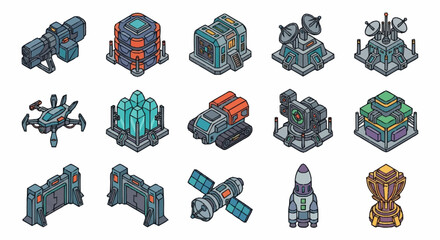 Set of isometric science fiction military base buildings and futuristic technology vehicles. © Anyar