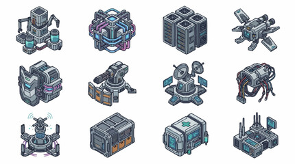 Set of isometric sci-fi futuristic buildings and technology assets for game design. © Anyar