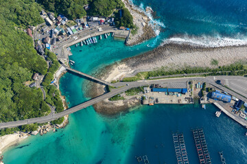 Top-Down Aerial View of Kashiwajima Harbor Village and Bridge in Kochi, Japan © Arakawa27