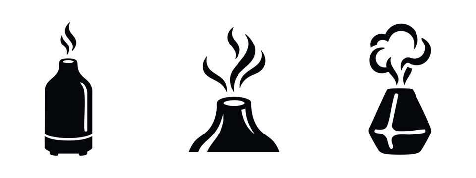 Aroma diffuser icons set. Collection of diffusers emitting steam or smoke, representing aromatherapy, relaxation, or air freshening.