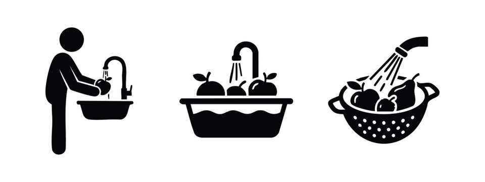 Washing fruits icons set. Collection of images showing fruits being washed, representing hygiene, healthy eating, or cooking preparation.