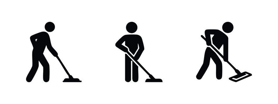 Person mopping icons set. House cleaning, floor washing, and mop bucket symbols.