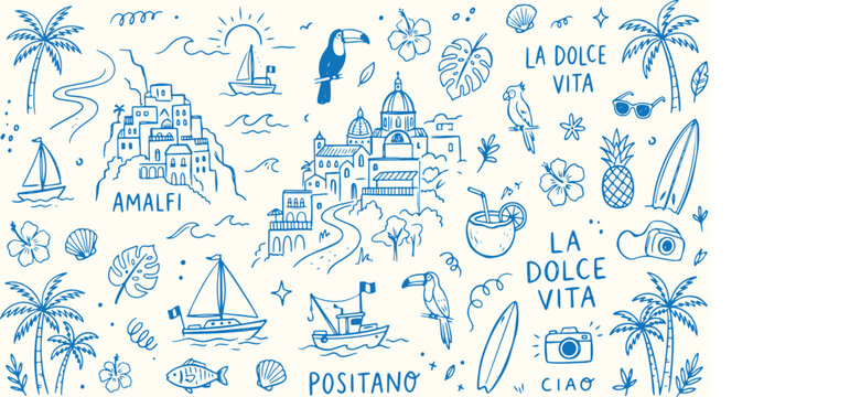 Mediterranean travel doodle sketches of Amalfi and Positano coastal towns in blue ink art.
