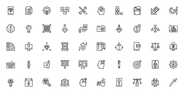 Design Thinking icon set. Minimal line icon pack. Featuring brainstorming, strategy, innovation, prototype, UX, research, puzzle, calendar and more.