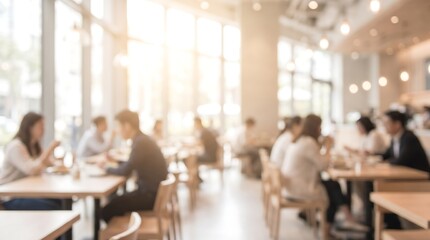 Fototapeta premium Blurred busy cafe scene with people sitting at tables and natural sunlight streaming through large floor to ceiling windows creating a warm and inviting atmosphere for social gathering