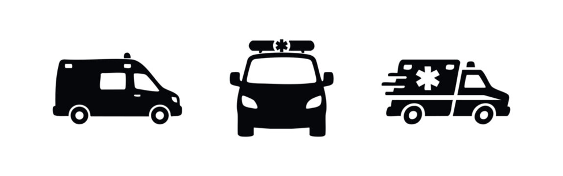 Ambulance car vector icons set. Emergency medical transport symbol.