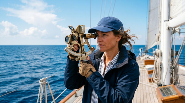 Woman navigator using a brass sextant on a sailboat deck. Female sailor navigating on the ocean