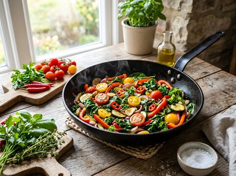 Vegetable stir fry in cast iron skillet on wooden table
