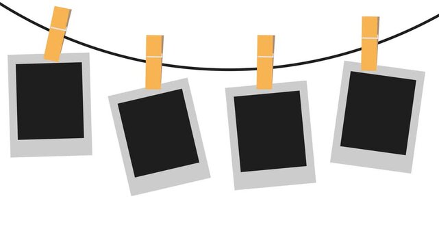 Hanging polaroid photo frames on string with clothespins mockup