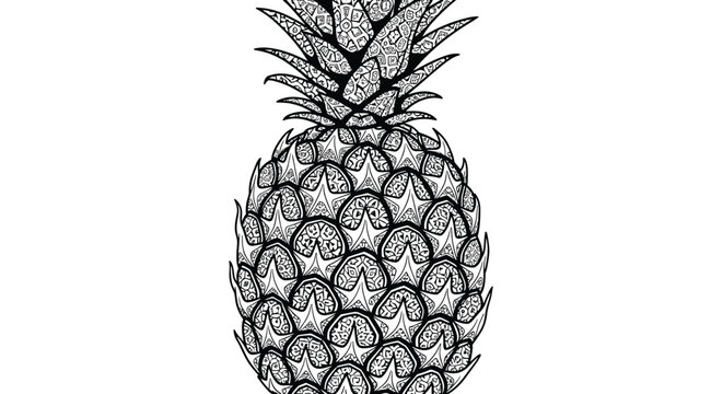Exquisite Zentangle-style drawing of a whole pineapple, featuring intricate and repetitive patterns across its textured skin.