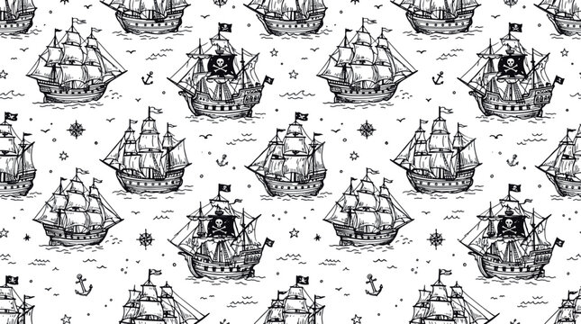 Vintage pirate ship maritime pattern background with nautical maritime background exploration adventure repeating seamless illustration navigation treasure transportation decorative
