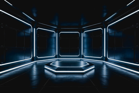 A dark, empty futuristic interior space with an octagonal LED-lit platform, metallic walls and glowing linear lights.