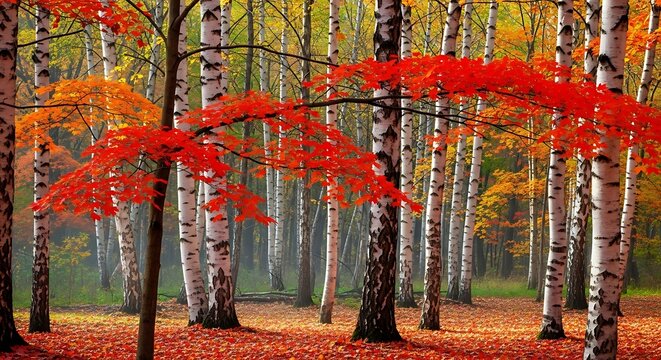 Autumn forest pathway with red maple leaves.
