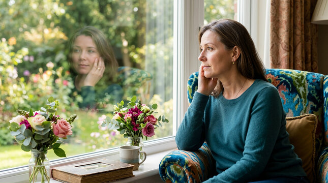 Thoughtful middle aged woman looking out of a window. Contemplative widow sitting in an armchair with flowers and book on the windowsill. Grief and remembrance concept