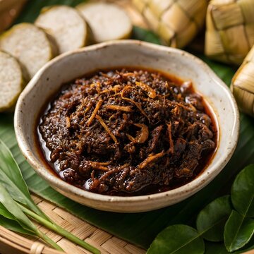 Beef rendang served with lemang and ketupat on a traditional platter, showcasing a rich and authentic Malaysian festive meal.