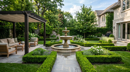 Obraz premium Mediterranean courtyard garden with tiered fountain