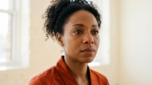 Close up portrait of a sad Black woman with teary eyes. Grieving widow looking away in sorrow. International Widows Day concept