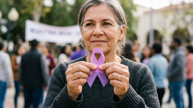 Woman holding a purple awareness ribbon at a public event. Portrait of a widow showing solidarity. International Widows Day concept