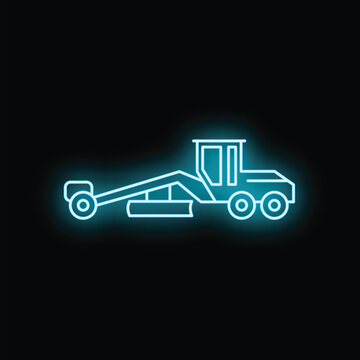 Motor grader heavy equipment glowing neon outline icon on a black background