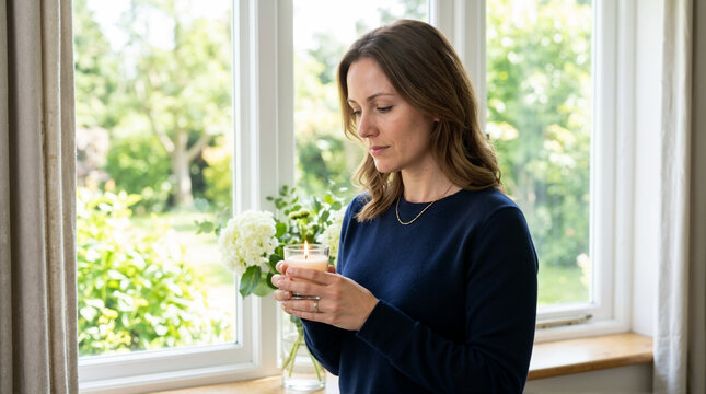 Solemn woman holding a lit candle near a window. Grieving widow remembering a loved one indoors. International Widows Day concept